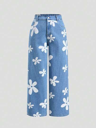 SHEIN MOD Jeans casuales holgados de pierna ancha con bolsillo y estampado floral para mujer de talla grande