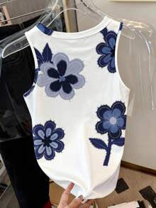 Camiseta de tirantes de cuello redondo con estampado floral casual, verano - Multicolor 10 - Ver 3