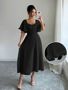 Modelyn Women's Solid Butter Yellow Chiffon Ruffle Sleeve Design Summer French Style Vacation Dress - Black - View 3