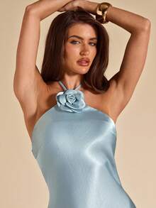 SHEIN BAE Elegant Light Blue Summer Satin Gown Halter Backless Floral Decor Fitted Maxi Mermaid Dress For Dining,Party,Cocktail,Formal Occasion,Bridesmaid - Blue - View 7