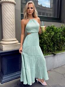 Elyressa Women's Solid Color Halter Hollow-Out Dress, Fashionable For Party And Outing - Green - View 4