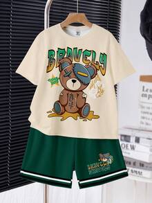 Tween男孩休閒Bravely Bear上衣與短褲套裝，青少年夏季穿搭，米色開學季街頭風校園服飾，圓領 - 彩色 - 查看 2