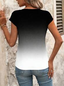 Camiseta de manga corta con cuello en V y degradado para el verano - Negro - Ver 2