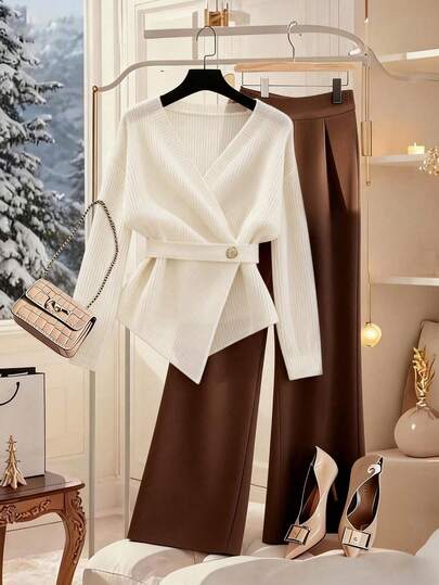 Franclia Women's Elegant Long Sleeve Cardigan And Pants Two Pieces Set, Suitable For Autumn, Winter, Casual Occasions, Also Ideal For Halloween, Thanksgiving, Christmas, New Year Holidays, And Comfortable Home Leisure Wear