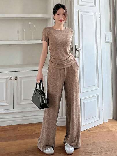 DAZY 2件套 女士纯色褶皱T恤和阔腿裤 夏季