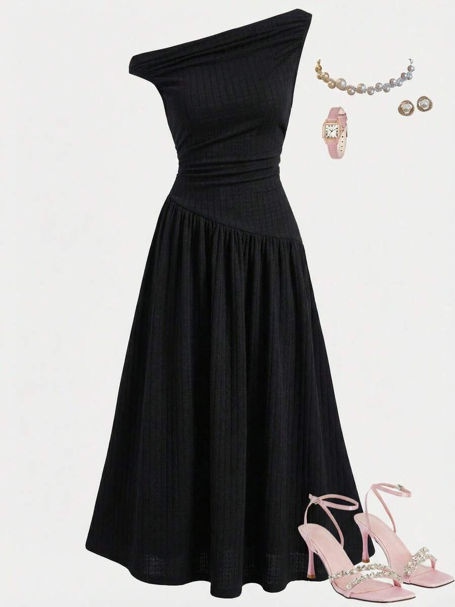 Girlism Teen Girls' Elegant Commuter Fitted Sleeveless Pleated Textured Midi Dress, Black - Black - View 1