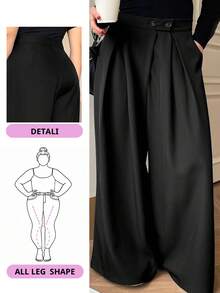Dazy Plus Solid Color Oversized Wide Leg Double Button Pleated Long Casual Pants, All Season - Black - View 1