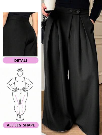 Dazy Plus Pantaloni casual lunghi con vita alta, gamba ampia, doppio bottone e pieghe, di colore unito, adatti per tutte le stagioni