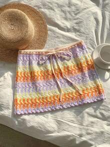 Comfortcana Women's Knit Mini Skirt: Multicolor Wavy Pattern Skirt With Tie Detail - Multicolor - View 4