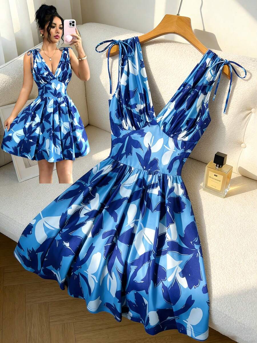 GlowEve Nuevo vestido casual mini para mujer con cuello en V, tirantes de espagueti, diseño de cordón ajustable, tejido elástico estampado, elegante y sexy para vacaciones - Multicolor - Ver 1