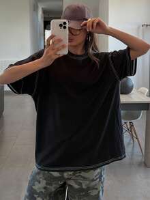 DAZY Áo thun ngắn tay cổ tròn dáng rộng, thoải mái, phong cách đường phố, phối màu tương phản, họa tiết đường kẻ trắng, thích hợp cho lễ hội âm nhạc và kỳ nghỉ, dành cho nữ, mùa xuân & hè. - màu đen - Xem 5