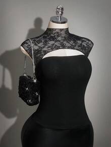 SHEIN ICON 大码镂空蕾丝无袖针织上衣，性感优雅的Y2K针织衫 - 黑色 - 查看 3
