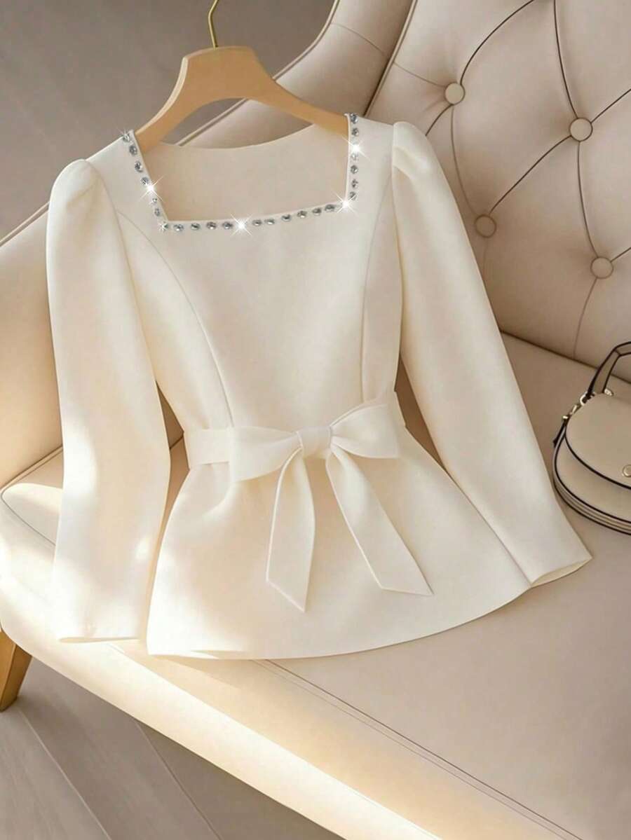 GlowEve CURVE Plus Size Rhinestone Embellished Bowknot Collar Blouse - Apricot - View 1