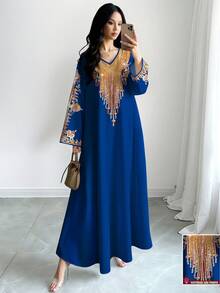 SHEIN Najma Vestido elegante de manga corta con cuello en V y estampado de lunares para mujer, primavera/verano - Multicolor - Ver 1