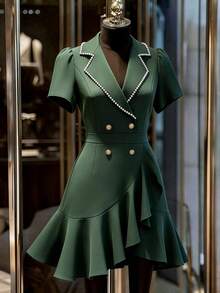 GlowEve CURVE 大码女士优雅交叉荷叶边袖连衣裙，适合春夏、度假、通勤、办公、派对、约会、暑假、毕业典礼、情人节、音乐节、母亲节、万圣节、感恩节、复活节、国庆节、舞会、约会派对、婚礼季、户外活动等场合。 - 墨綠色 - 查看 8