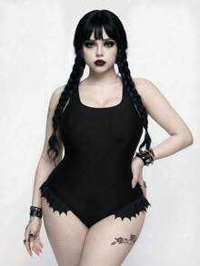 ROMWE Goth Plus Size Women One-Piece Swimsuit, Floral Trim Summer Holiday Swimwear - Black - View 5