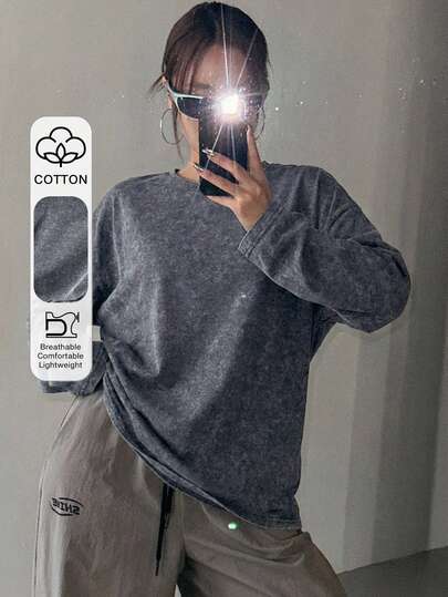 DAZY Camiseta larga de algodón de unicolor, holgada, de manga larga y cuello redondo para mujer, de verano