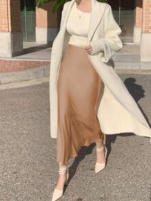 DAZY 女士修身纯色缎面鱼尾长裙，春夏款 - 香檳色 - 查看 5