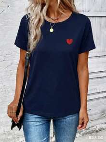 Selamara Women's Spring/Summer New Arrival Hot Selling Heart Print Round Neck Short Sleeve Casual All-Match T-Shirt - Navy Blue - View 3