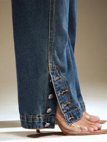 Denimoi Low Rise Slit Ankle Button Detail Straight Leg Jeans Fashionable Streetwear Sexy Jeans Low Rise - Medium Wash - View 1