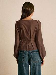 Poéselle Women's Solid Color Square Collar Lantern Sleeve Fitted Lace Patchwork Blouse - Coffee Brown - View 8