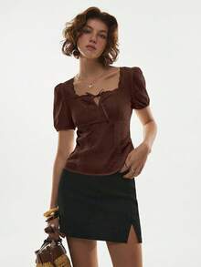 Poéselle Women's Solid Color Knotted Casual Versatile Daily Wear Short Sleeve Shirt,Summer Top - Coffee Brown - View 8