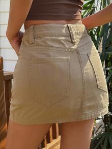 DAZY Women's Regular Waist Super Short Street Casual Washed Denim Mini Skirt Y2k - Khaki - View 3