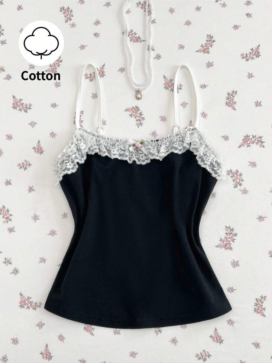 Elamini Áo hai dây nữ màu đen dệt kim, phối bèo nhún, điểm xuyết nơ và hoa hồng, thiết kế ôm sát hở lưng, dễ thương và ngọt ngào, thanh lịch và lãng mạn, phù hợp cho mùa xuân/hè, đi nghỉ mát, hẹn hò, mặc thường ngày, đa năng. - màu đen - Xem 1