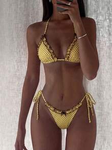 Swim Mod 2pcs/Set Brown And Yellow Polka Dot Bikini,Summer Cute Retro Vintage Beach Holiday Ruffle Bow Halter Triangle Top Side Tie Bathing Suit - Yellow - View 2