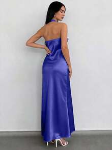 EURMUSE Solid Halter Neck Backless Satin Maxi Dress - Navy Blue - View 2