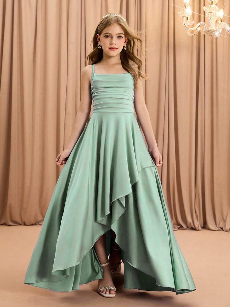 Girls' Elegant Flower Girl Sage Green Summer Satin Prom Dress,Luxurious Spaghetti Strap Sleeveless High Waist Asymmetrical Hem Tween Formal Dresses