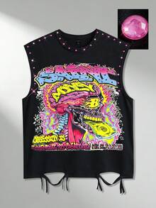 ROMWE MEN Street Life 骷髅头水钻设计圆领无袖上衣，夏季男士背心 - 黑色 - 查看 2