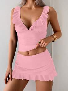 Swim Basics Conjunto de tankini de unicolor sexy para mujer, verano - Rosa - Ver 3