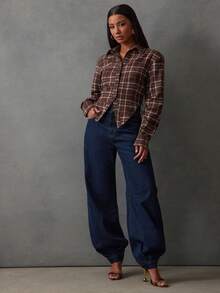 NYA SZN Pantalones vaqueros de tiro alto con pierna de barril abombada, lavado oscuro, para vacaciones, festivales, invierno, primavera, ropa casual de calle para mujeres - Azul lavado oscuro - Ver 5
