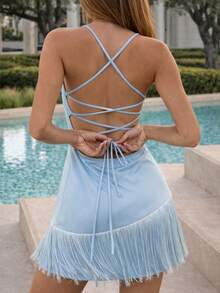 INAWLY Light Blue Tassel Mini Dress, Backless Design For Sexy & Elegant Look, Light Blue Spaghetti Strap Dress + Tassel Trim - Blue - View 4