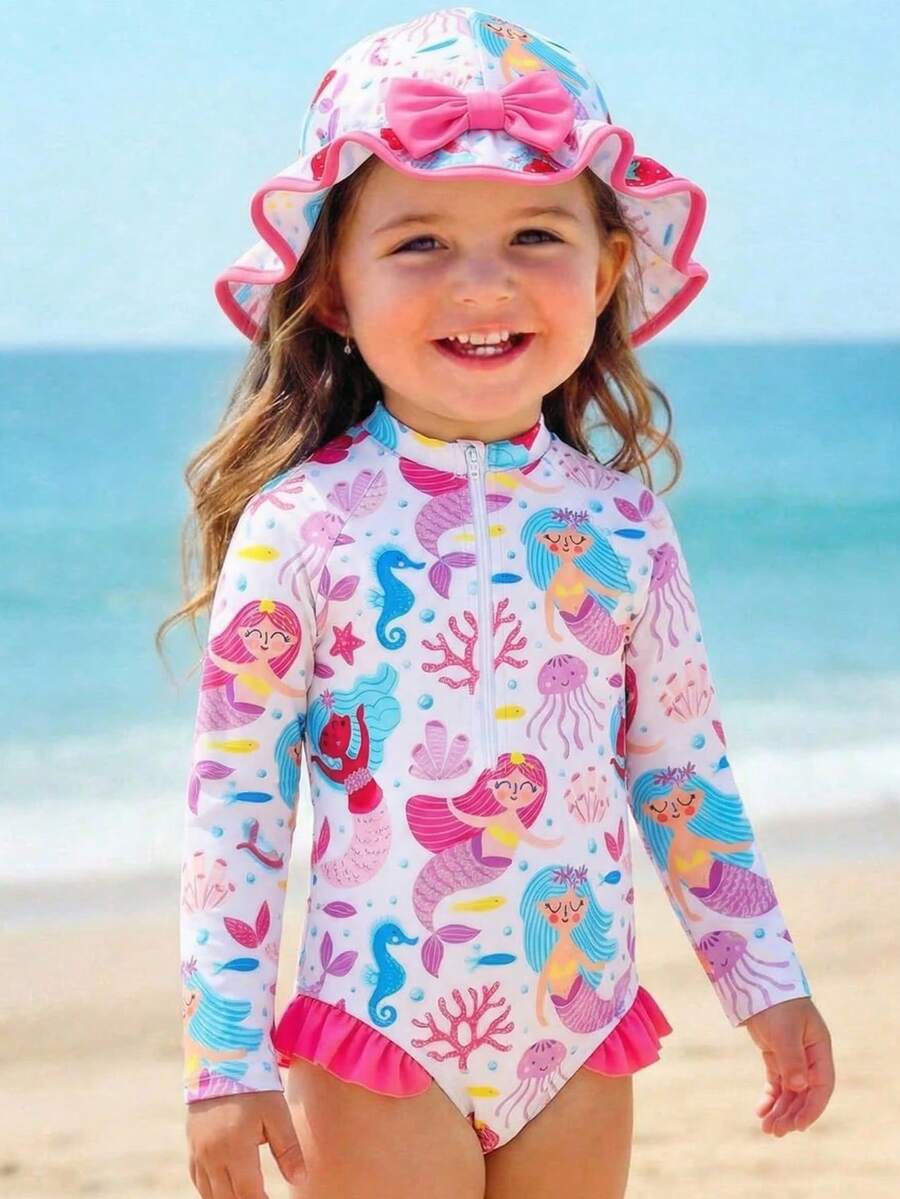 LMoss Kids 2pcs/Set Cute Mermaid Print Swimsuit With Hat, Summer Holiday Baby Girl Rash Guard Baby Rashguard Swimsuit Hat Retro Floral Beach Matching 3t Swimsuit Baby Girl Sun Protection Shirt Baby Girl Long Sleeve Swimsuit - Multicolor - View 1