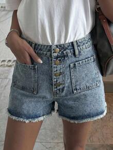 Livesso Quần short denim nữ bằng cotton, viền rách, kiểu dáng thường ngày, thích hợp cho mùa hè. - Rửa nhẹ - Xem 6