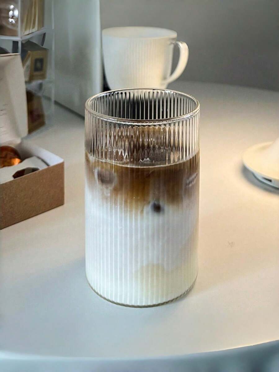 1个400毫升高硼硅玻璃杯，耐热竖条纹玻璃杯，公寓必备，适用于咖啡店、咖啡馆、咖啡吧等场所，无盖无吸管，玻璃水瓶，冰咖啡杯，精美小物，伴娘礼物，美观玻璃罐，女士礼物，厨房用品，无吸管水瓶，男士礼物，无盖隔夜燕麦罐，咖啡店咖啡杯，新娘礼物，乔迁礼物，伴娘礼物，浓缩咖啡杯
