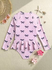 SHEIN Sparklyn Tween Girls Striped Bow Print One-Piece Swimsuit, Suitable For Swimming In Summer (Print Design May Vary) - Dusty Pink - View 2