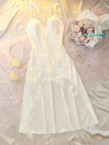 DelicateAllure Romantic Lace Patchwork Asymmetrical Ruffle Hem Sexy Satin Slip Dress, Plus Size, Suitable For Wedding Season - White - View 6