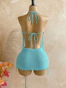Soleia Women's Teal Sequin Summer Boho Beach Vacation Holiday Sequin Fringe Hem Halter Knit Top And Knitted Mini Skirt Set,Elegant Party Outfits For Women - Mint Green - View 2