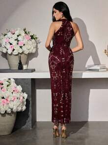 Modelyn فستان رسمي فاخر مزين بالخرز والتطريز للنساء، يعمل على إنحاف الجسم - عنابي اللون - مشاهدة 2