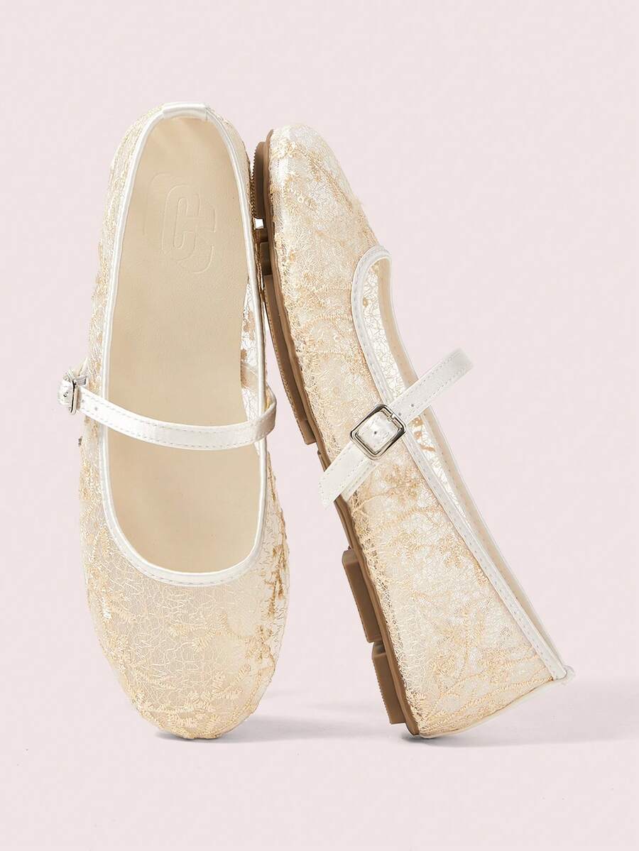 CUCCOO DOLLMOD Women's Shoes Fashion Round Toe Flower Embroidery Word With Mary Jane Flats Cute And Sweet - Apricot-Bauhinia - View 1