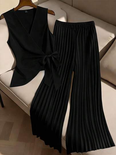 GlowEve CURVE 大码女式时尚休闲纽扣西装背心和褶裥长裤两件套