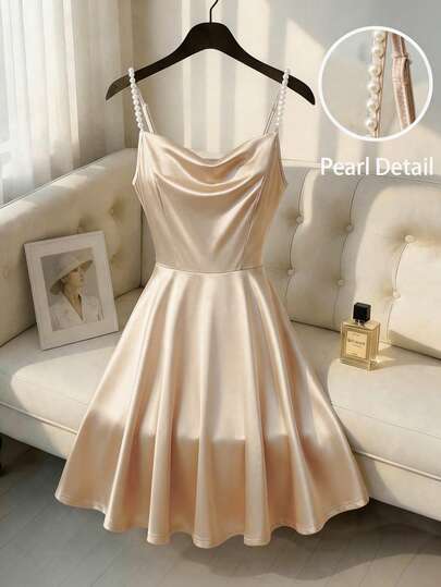 GlowEve 香槟色缎面高设计泡泡珍珠吊带收腰喇叭裙摆短款连衣裙，优雅迷人，适合情人节、复活节、劳动节、生日、约会、派对、正式场合、教师装、旅行、春夏穿着。