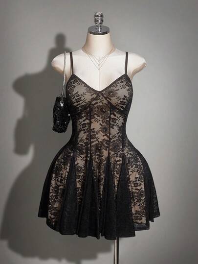 SHEIN ICON 大码女士蕾丝时尚约会派对吊带连衣裙