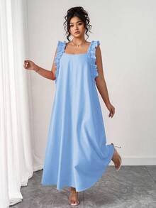 SHEIN PETITE 大码女式纯色宽松荷叶边方领连衣裙 - 藍色 - 查看 8