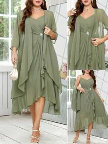 Reflora Plus Size Women's Sage Green Summer Elegant Dress & Robe Set,Ruffle Trim Rhinestone Camisole Dress,Wedding Guest Formal Party Luxury Evening Gown - Green - View 2