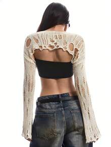 LYSMO Áo len chui đầu dài tay cổ thuyền màu trơn gợi cảm cho nữ - Màu be - Xem 2