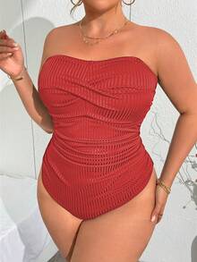 SHEIN Swim Curve Einteiliger Casual Badeanzug für Damen in Große Größen mit Spaghettiträgern Einfarbig - Rot - Übersicht 4